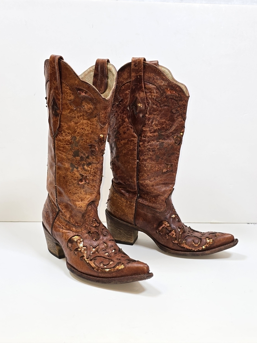 Cuadra Western Sequin Cowgirl Embroidered Leather Cowboy Boots Rodeo Boho Sz.6